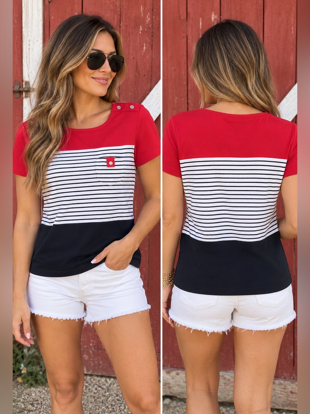 Karen Scott Sport Women’s Small Red White Navy Striped Colorblock Top